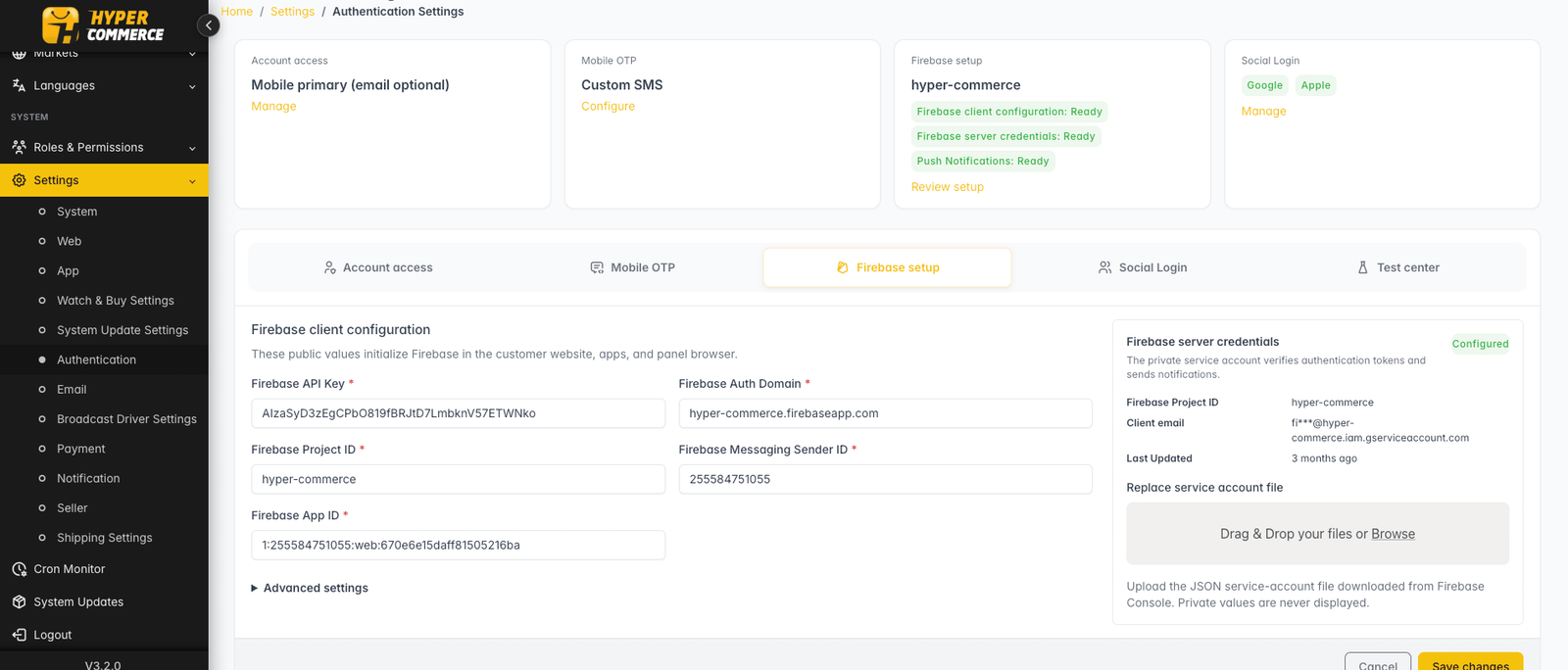 Admin Panel — Settings → Authentication → Firebase