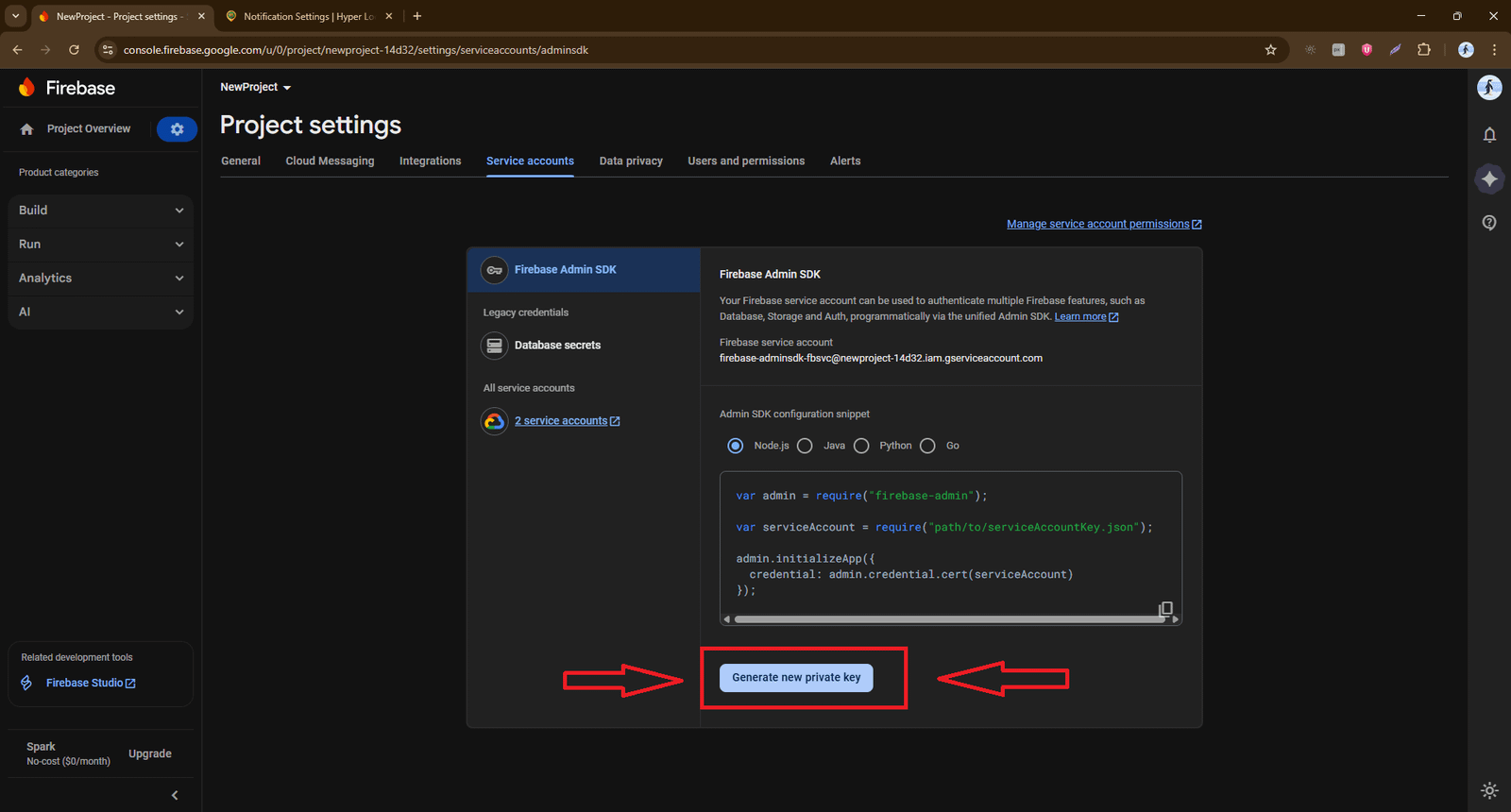 Service Accounts — generate new private key